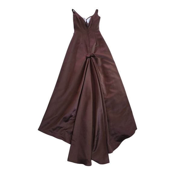Jordan Fashions Brown Satin Evening Gown Size 0 Formal Prom Dress High-Low Back - Picture 2 of 10